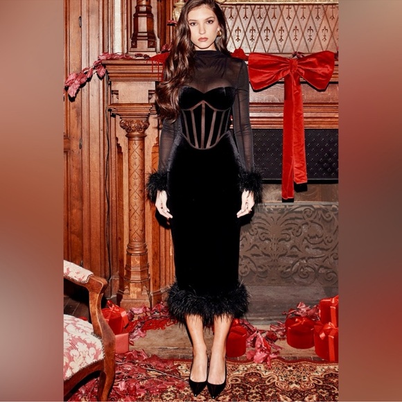 NWOT House of CB Lianna Black feather trim long sleeve corset midi dress sz XS - Picture 1 of 14